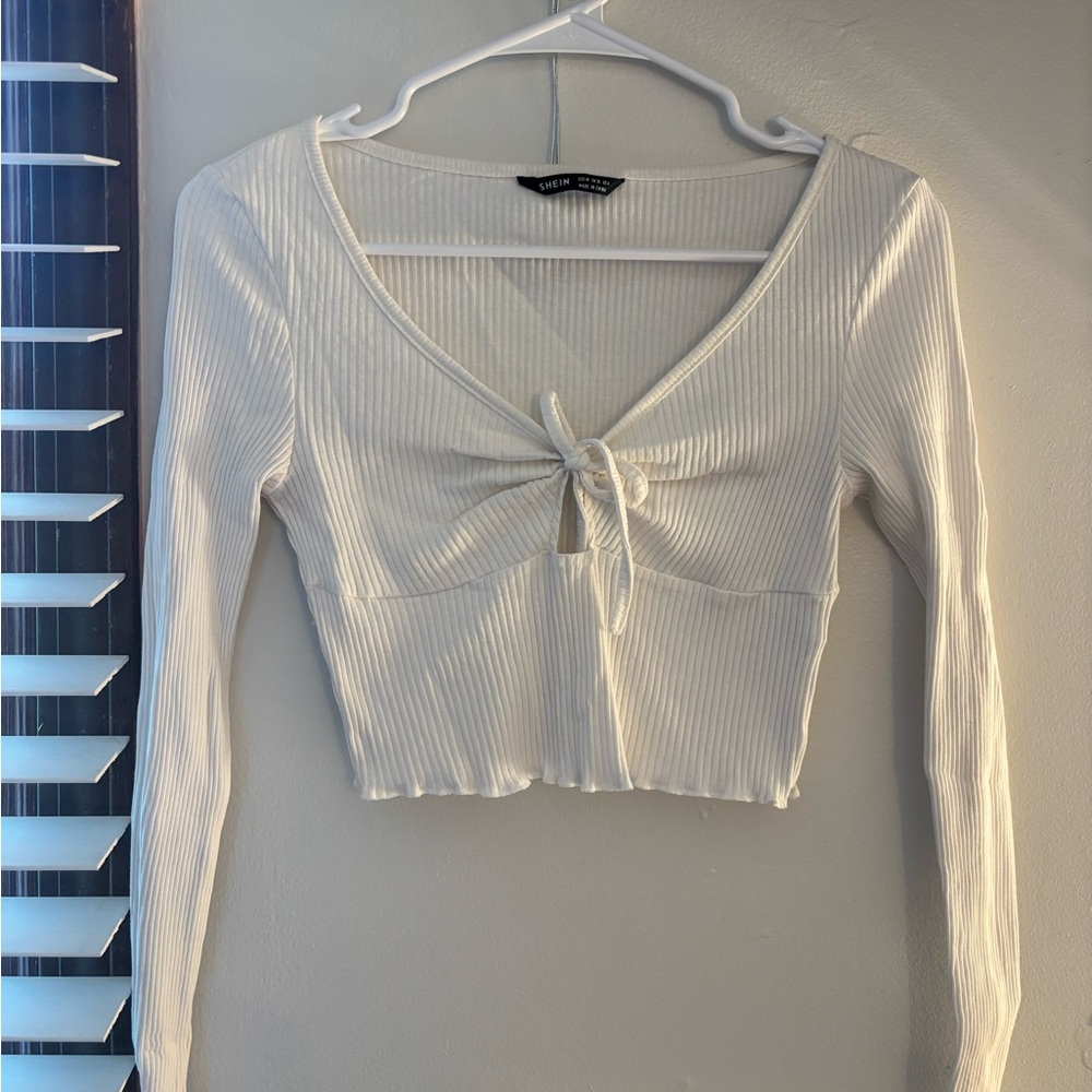 SHEIN White Ribbed Tie-Front Crop Top